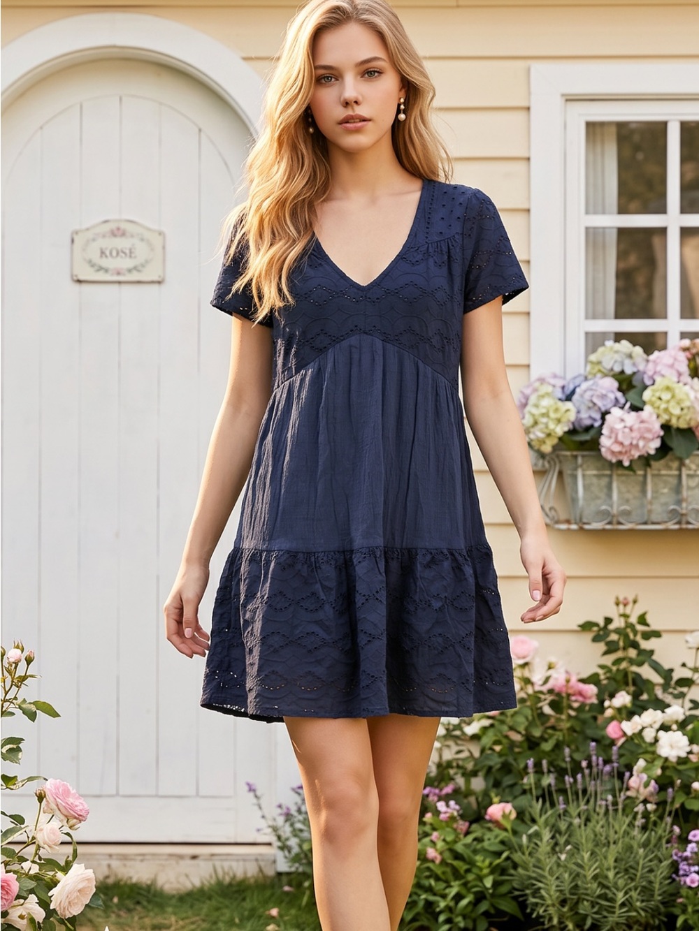 Navy Eyelet V-Neck Babydoll Dress